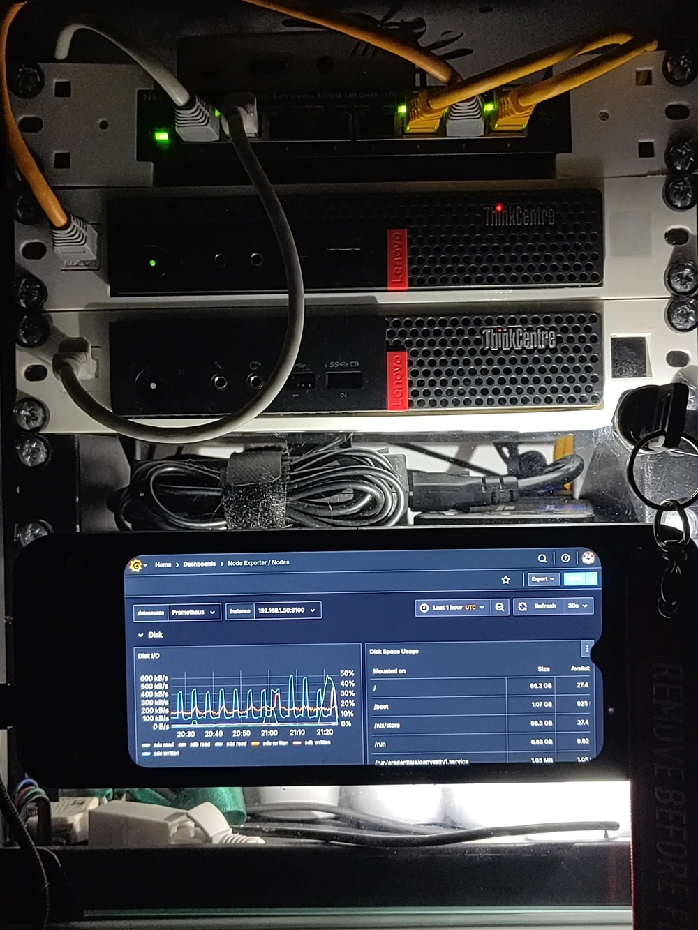 Nokia G22 modded to a dashboard display, installed on a small 10″ server rack