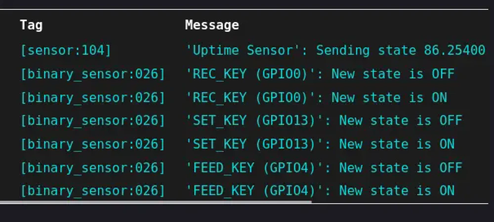 ESPHome logs screenshot depicting button binary sensor events