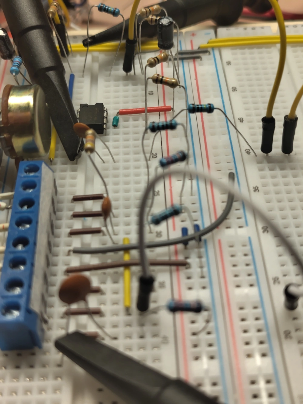 Simplified pre-amp circuit on a breadboard
